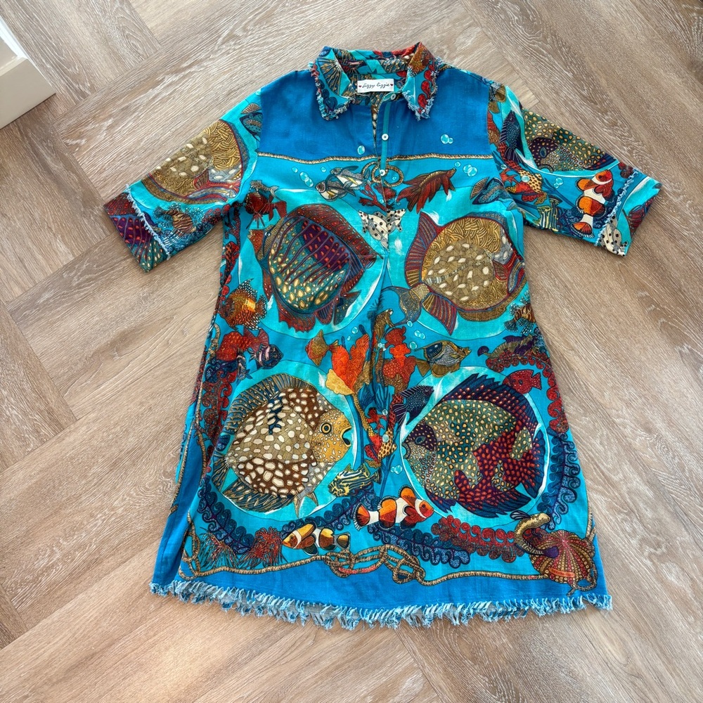 Dizzy Lizzie Shirt Dress Aquarium Print with Hermes Influence Size L